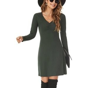 Camdoria Women Deep V Neck Long Sleeve Ribbed Short Dress (Size M)